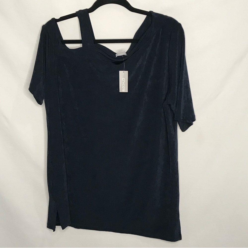 NWT Chico's Travelers Elbow Sleeve Off Shoulder Tunic Top Dark Blue Sz 3 (16/18) - Picture 2 of 15